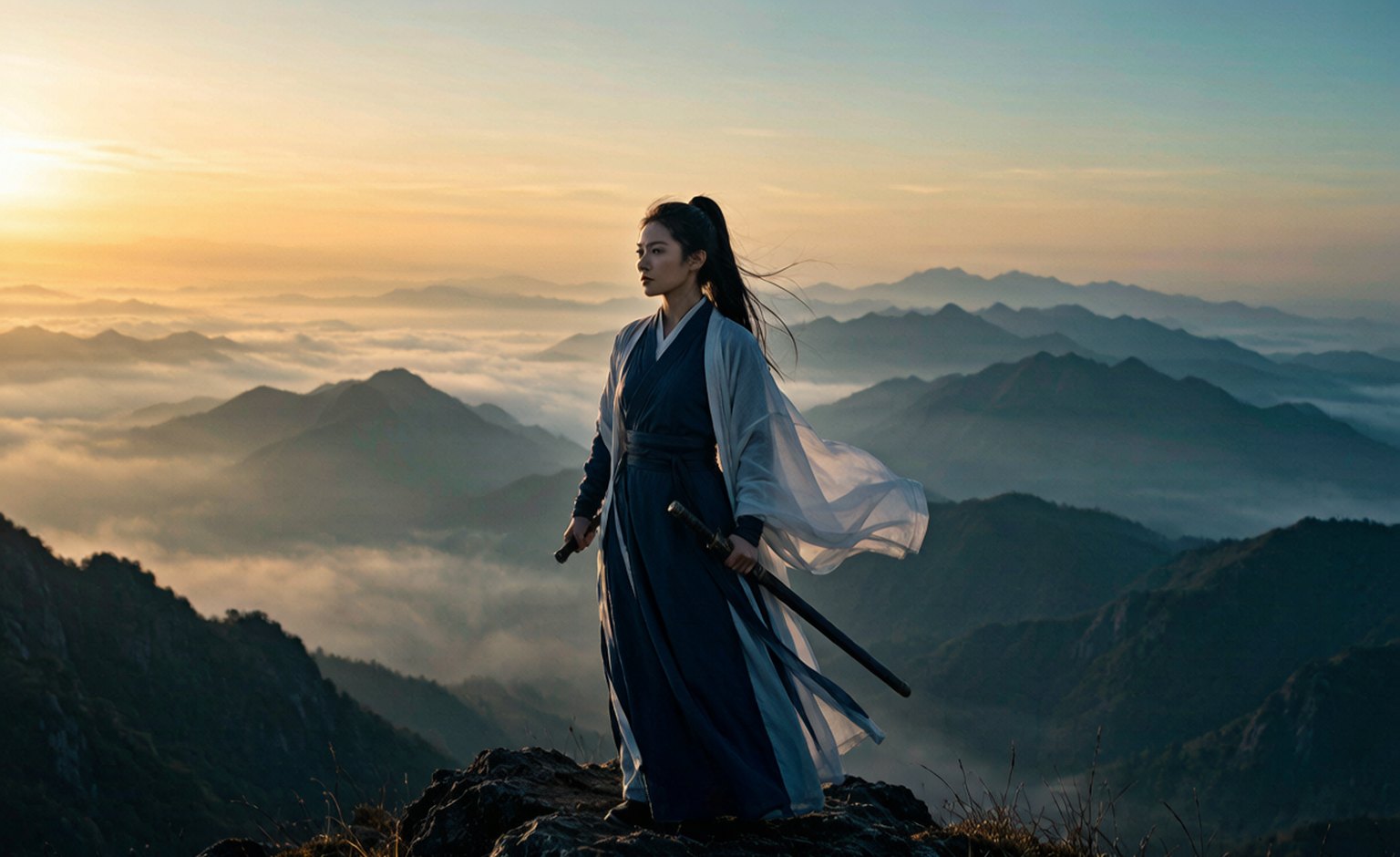 女侠立于云雾山巅，武侠题材 AI 微电影画面